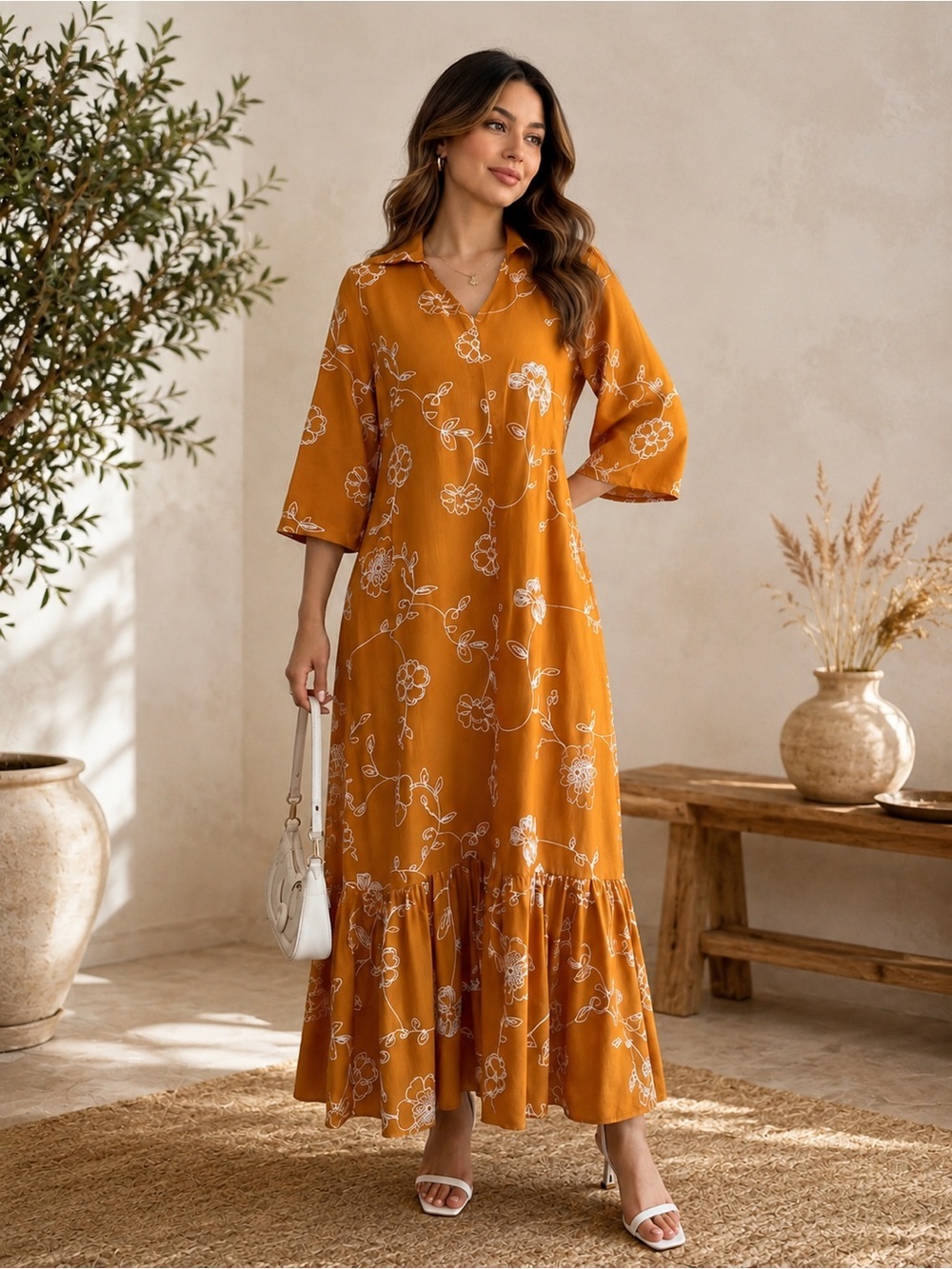 SHEIN Rust Orange Floral Midi Dress – Boho Cottagecore Collared Dress Size L